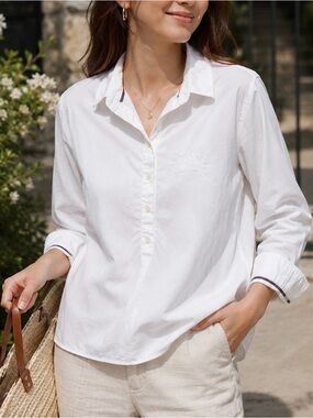 Burberry Brit Tunic Popover Top Long Sleeve Embroidered Logo Cotton White Size S